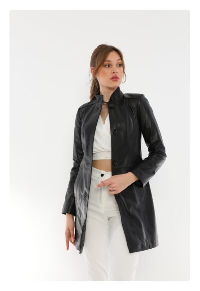 Black Women's Classic Long Leather Jacket - IPARELDE