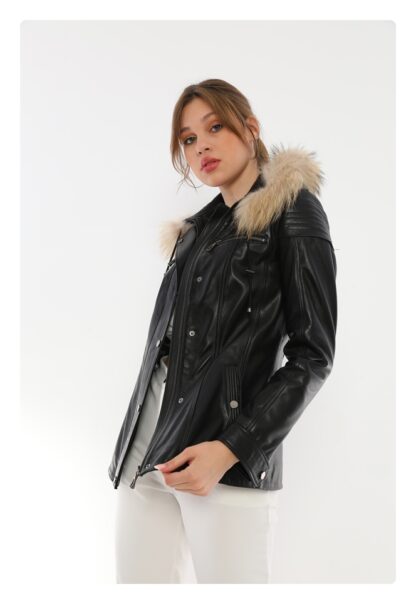 Black Women's Classic Removable Hooded Leather Jacket