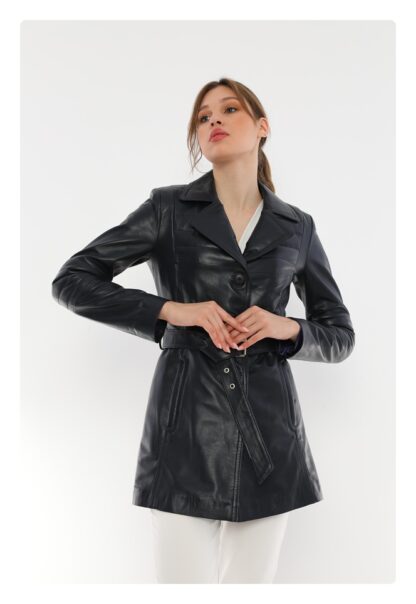 IPARELDE Dark Navy Women's Classic Leather Jacket - Jesica