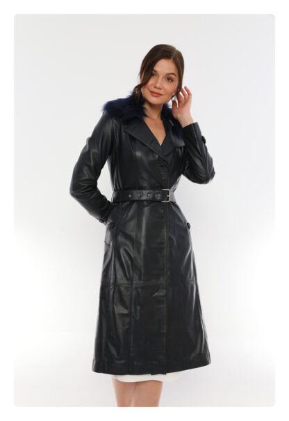 IPARELDE Dark Navy Women's Leather Jacket with Fur Collar - KBrenda