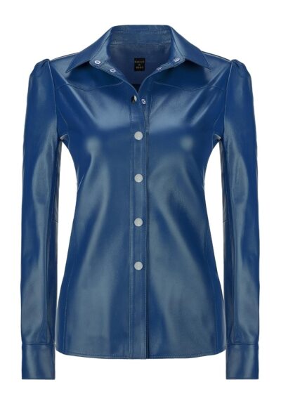 Women’s Blue Genuine Leather Shirt Jacket – Real Leather Button Up Blouse | IPARELDE Handmade Leatherwear