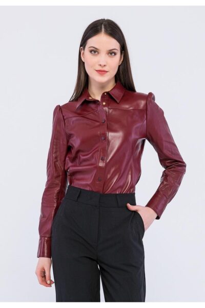 Women’s Bordeaux Genuine Leather Shirt Jacket - Real Leather Button Up Blouse | IPARELDE Handmade Leatherwear