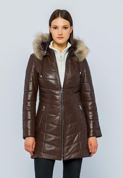 Women Genuine Leather Trench Coat brown Leather Jacket – Winter Hooded Fur Coat