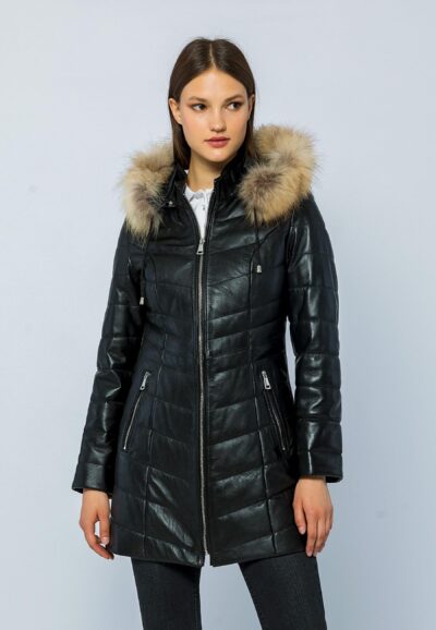 Women Genuine Leather Trench Coat Black Leather Jacket - Winter Hooded Fur Coat